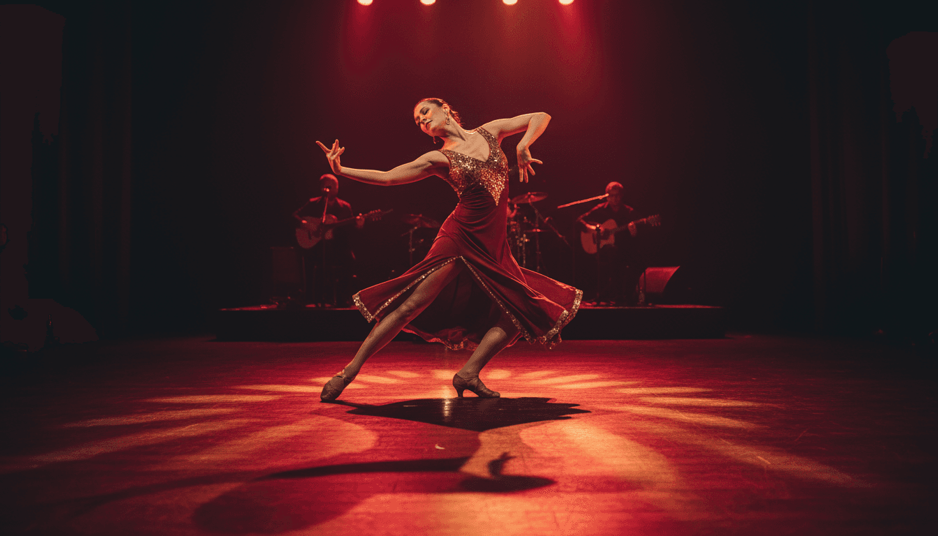 Professional tango dancer in motion under dramatic stage lighting during a live performance